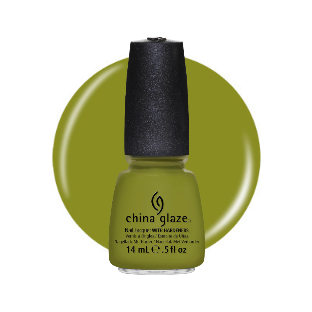 A bottle of China Glaze nail polish in a muted olive green shade, shown against a white background with a matching circular color swatch behind it.