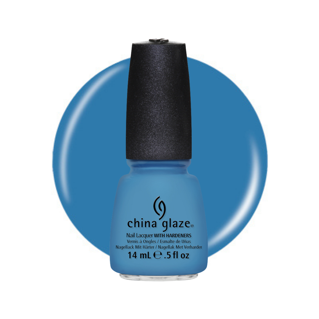 A bottle of China Glaze nail polish in a medium blue shade, shown against a matching blue circular background on a white studio backdrop.