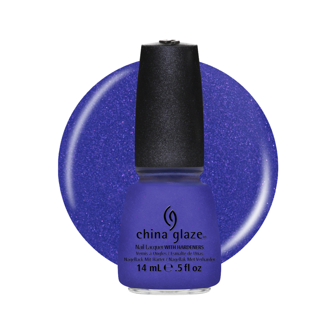 A bottle of China Glaze nail polish in a sparkling periwinkle blue shade, shown in front of a matching circular color swatch on a white background.