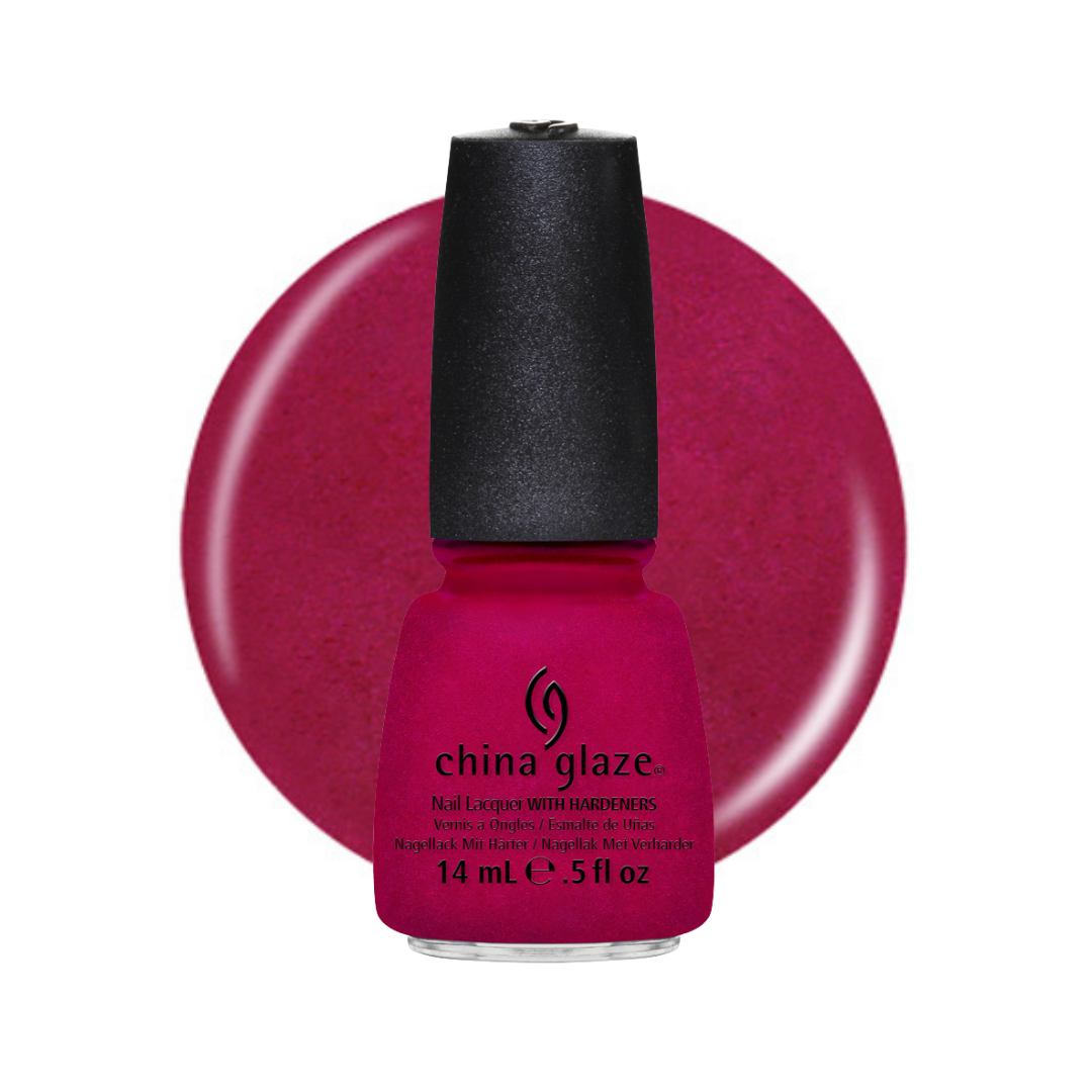 A bottle of China Glaze nail polish in a deep berry pink shade, shown in front of a matching circular color swatch on a white background.