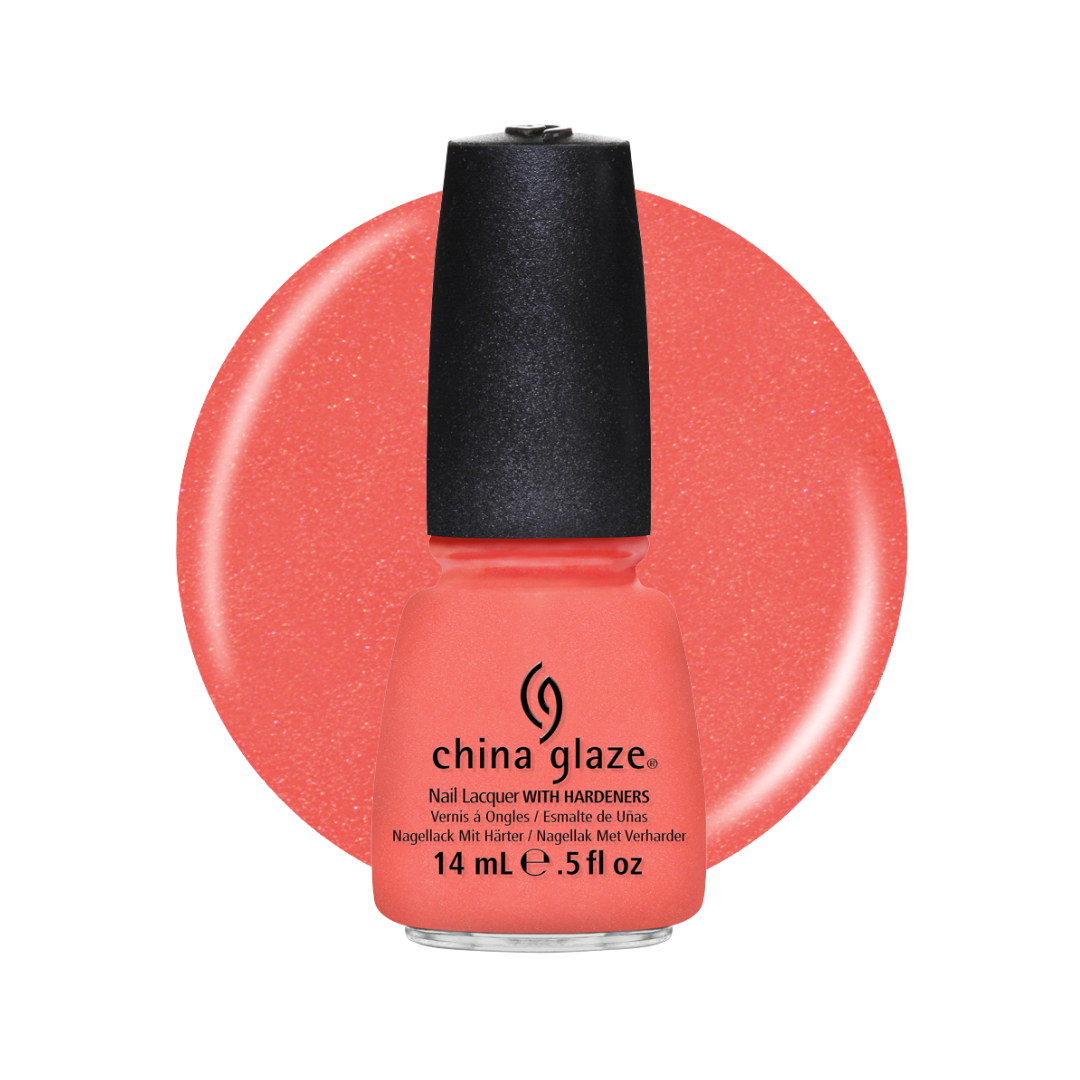 A bottle of China Glaze nail polish in a sparkling coral pink shade, shown in front of a matching circular color swatch on a white background.