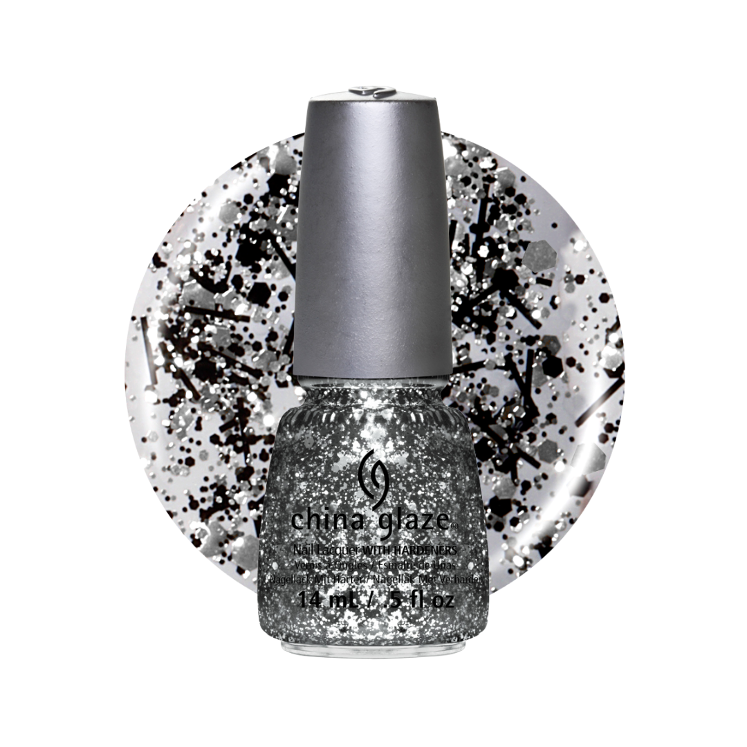 A bottle of China Glaze black and silver iridescent glitter nail polish with silver cap, shown in front of a circular swatch of iridescent multicolor glitter on a white background.