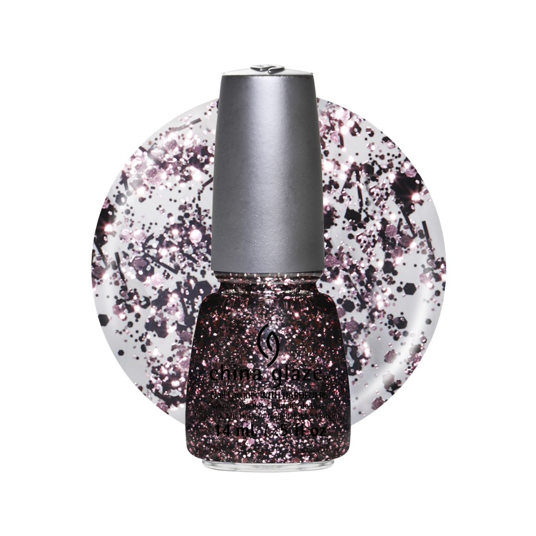 A bottle of China Glaze black and pink glitter nail polish with a black cap, shown in front of a circular swatch of multicolor glitter on a white background.