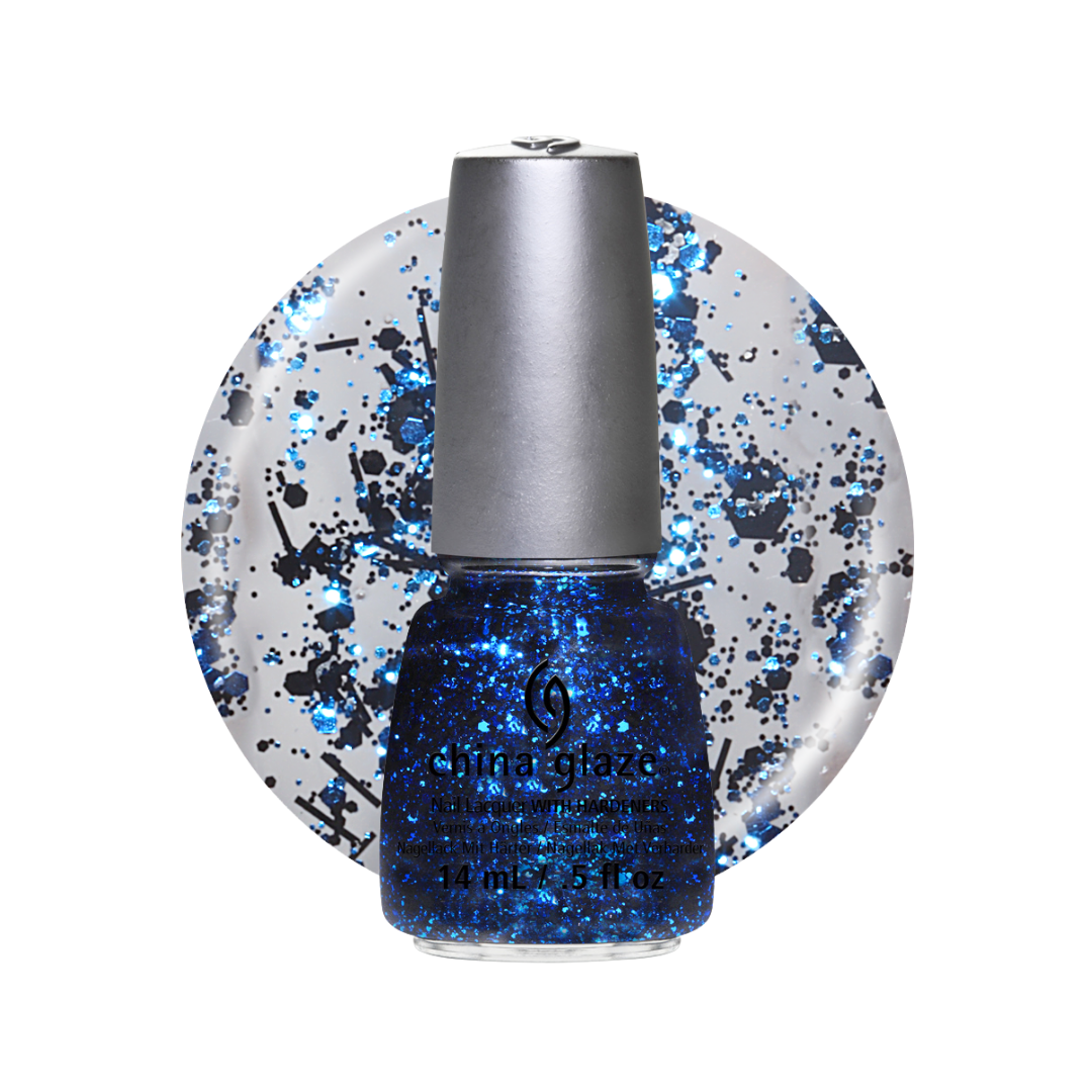 A bottle of blue and black glitter nail polish with a black cap, shown in front of a circular swatch of multicolor glitter on a white background.