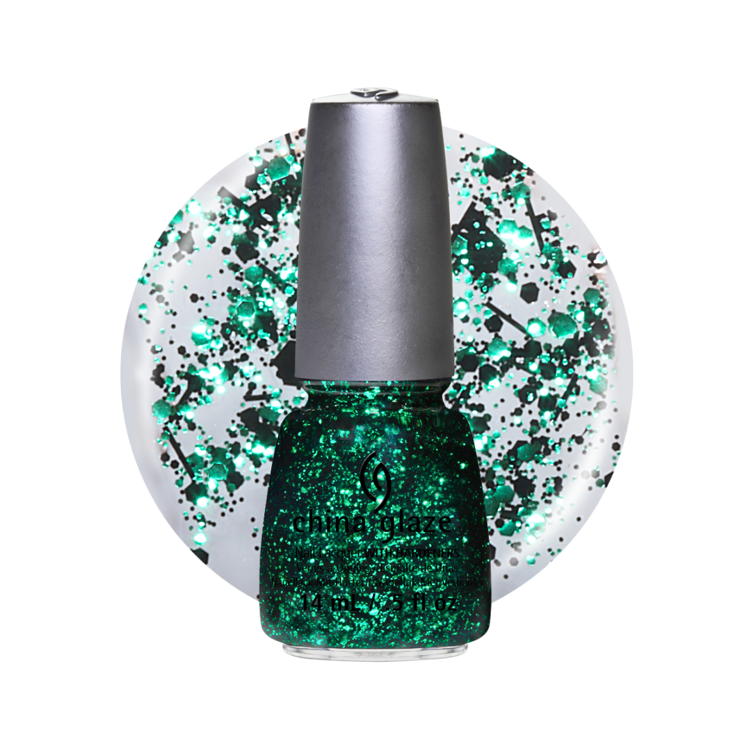 A China Glaze bottle of green glitter nail polish with a silver cap, centered in front of a circular white background filled with matching green glitter splatter.
