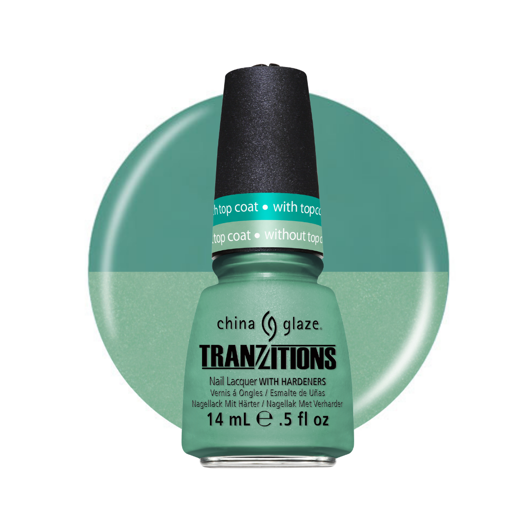 A bottle of China Glaze Tranzitions nail lacquer in a shimmering mint green shade, shown against a matching circular color swatch on a white background.