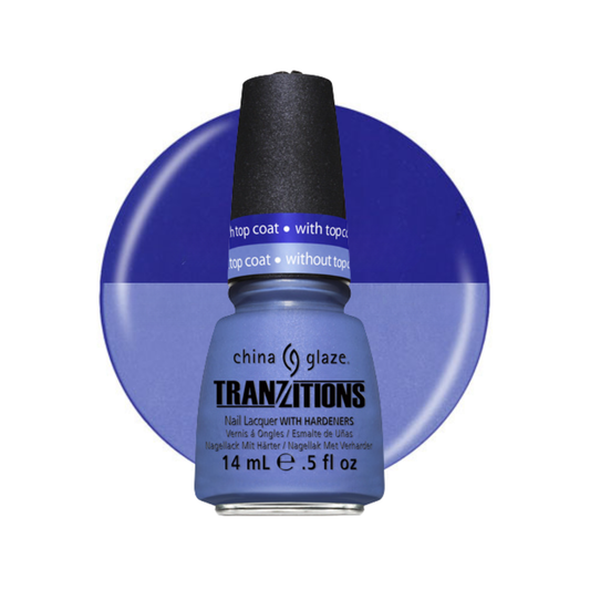 A bottle of China Glaze Tranzitions nail lacquer in a periwinkle blue shade, shown against a matching blue circular background on a white studio backdrop.