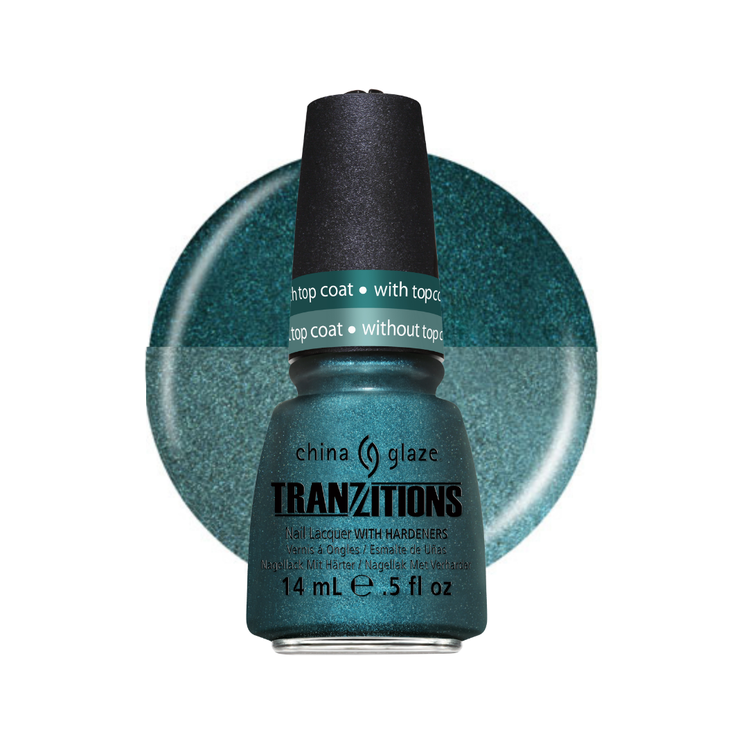 A bottle of China Glaze Transitions nail polish in a shimmering teal-green shade, shown in front of a matching circular color swatch on a white background.