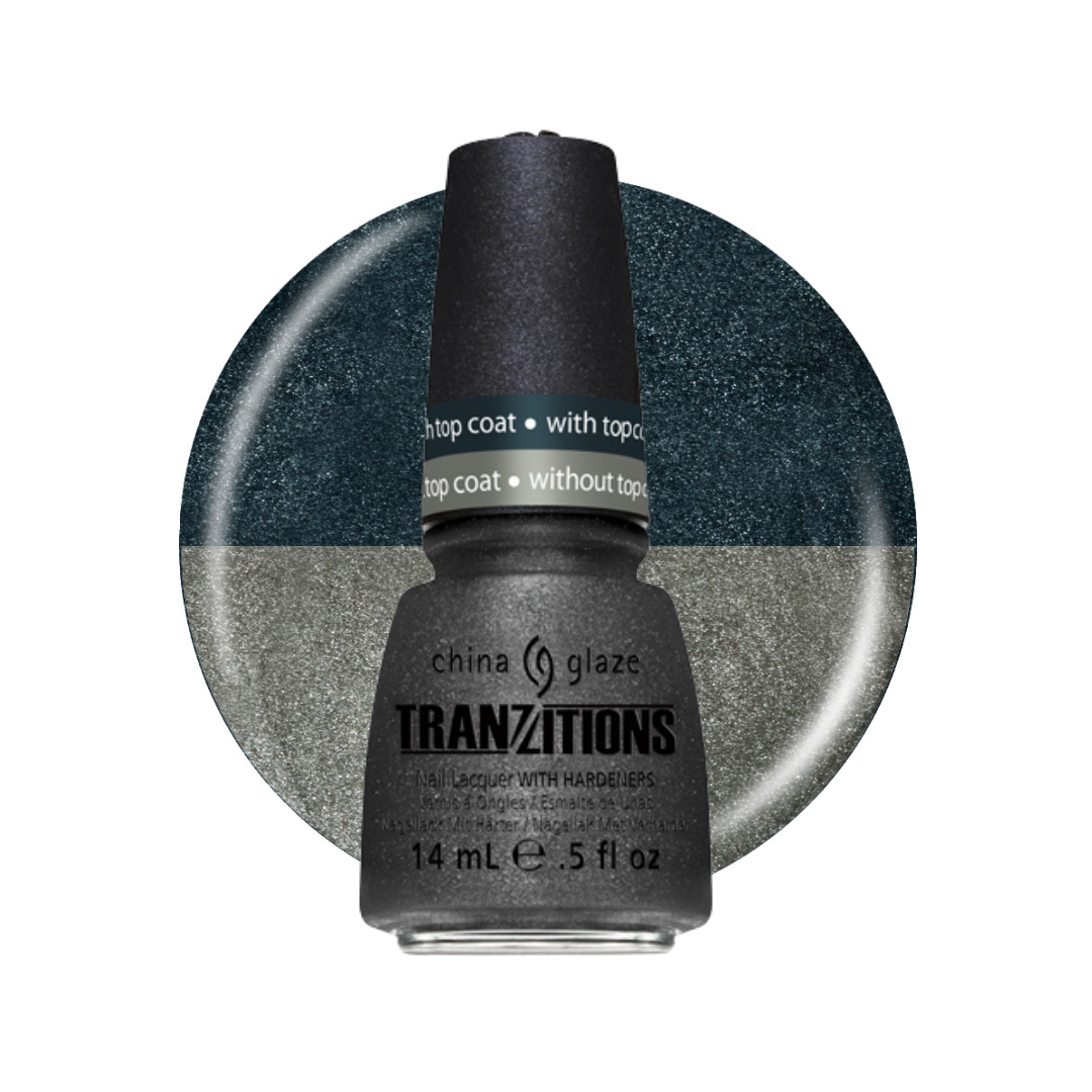 A bottle of China Glaze Tranzitions nail polish in a dark, shimmery gray color, shown in front of a circular color swatch displaying both the shimmery gray finish and a darker blue-gray top coat.