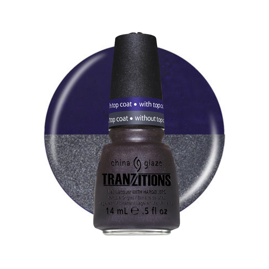 A bottle of China Glaze Transitions nail polish in a deep plum purple shade, shown in front of a circular color swatch displaying both the dark purple base coat and the silver glitter top coat.