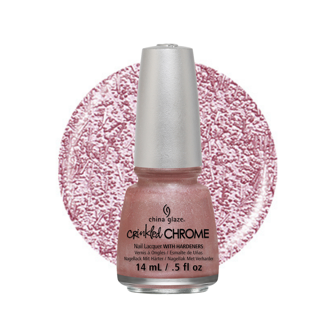 A bottle of China Glaze Crinkled chrome nail polish with hardeners in a shimmering dusty rose-pink shade, shown against a white background with a matching circular swatch of the glittery pink polish behind it.