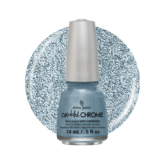 A bottle of China Glaze Crinkled chrome nail lacquer in a light icy blue shade, shown in front of a circular swatch displaying the glittery blue finish.