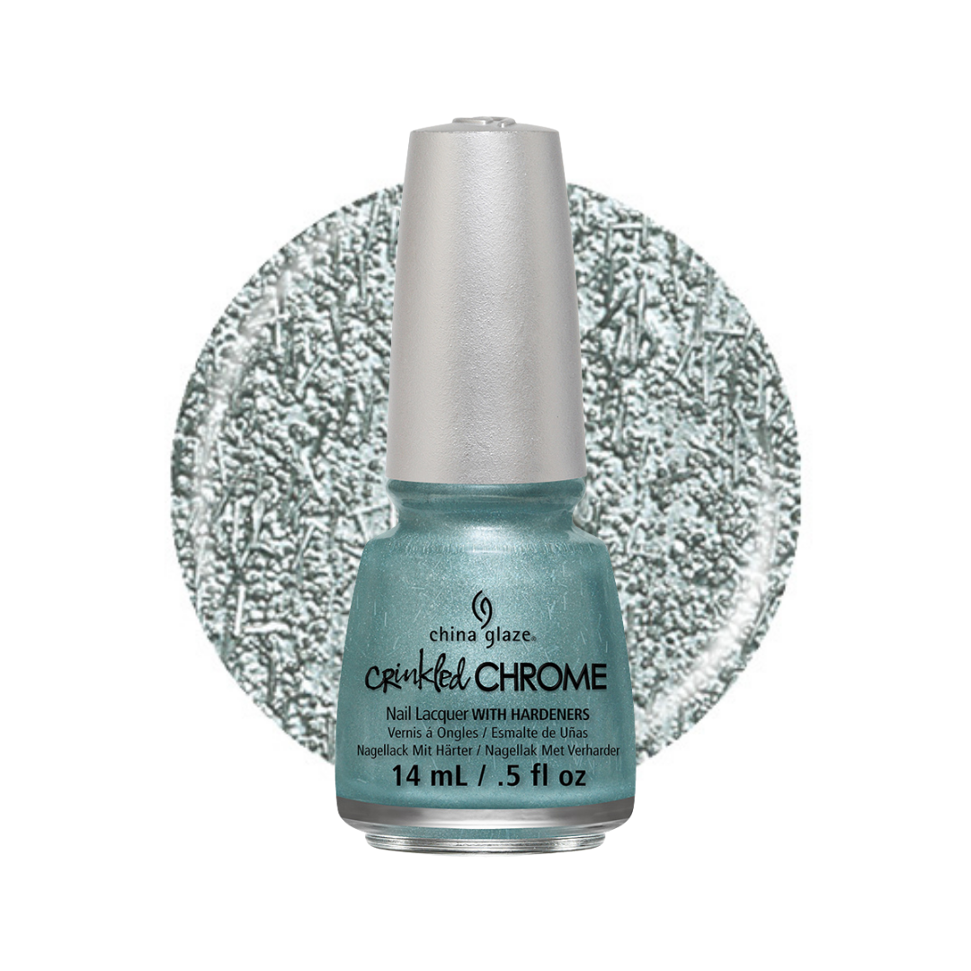 A bottle of China Glaze Crinkle Chrome nail polish in a shimmering light blue-green shade, shown in front of a circular swatch of the same glittery silver-blue color on a white background.