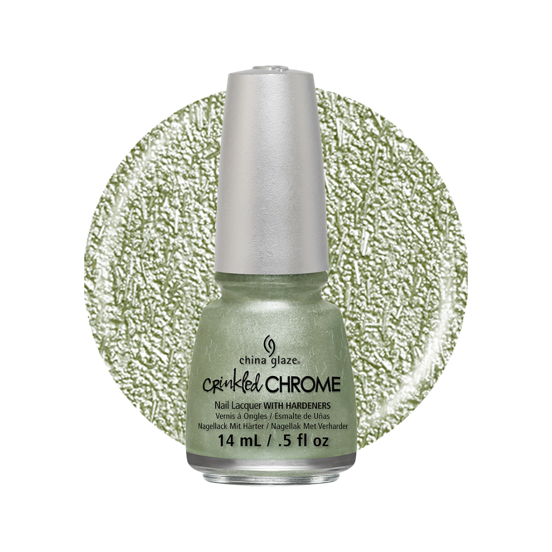 A bottle of China Glaze Crinkle Chrome nail lacquer with hardeners in a light sage green shade, shown in front of a textured circular swatch of the same color on a white background.