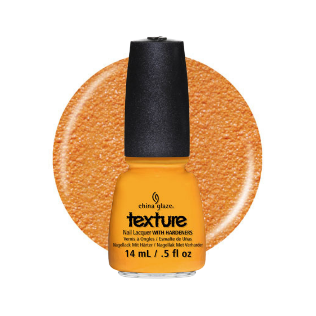 A bottle of China Glaze Texture nail polish with hardeners in a sparkling orange-gold shade, shown against a white background with a matching glitter swatch circle behind it.