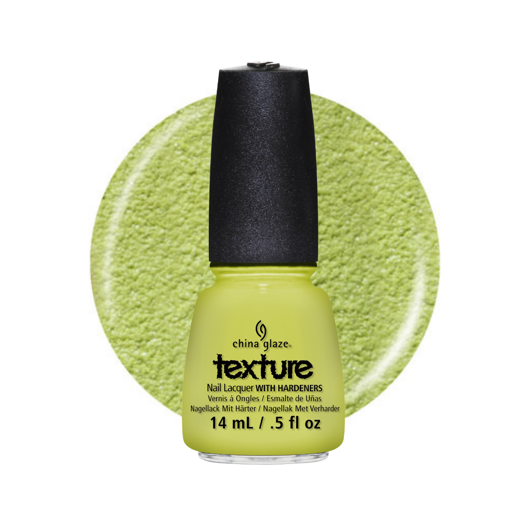 A bottle of China Glaze Texture Nail Lacquer in a bright chartreuse yellow-green shade, shown against a matching textured circular swatch on a white background.