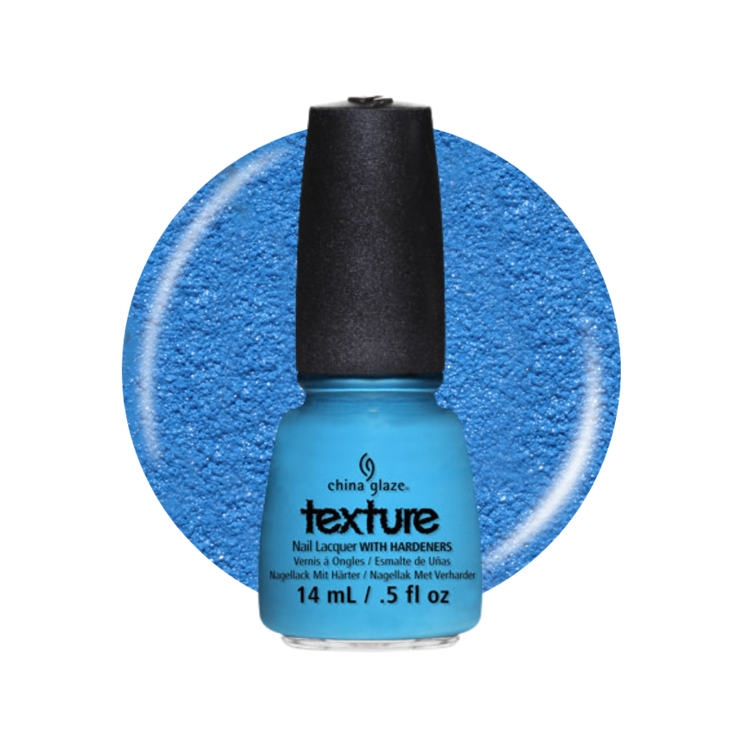 A bottle of China Glaze Texture nail lacquer in a bright blue glitter shade, shown in front of a matching circular blue glitter swatch on a white background.