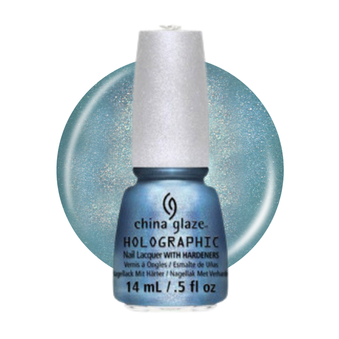 A bottle of China Glaze Holographic nail polish in a shimmering light blue shade, shown against a matching circular blue swatch on a white background.