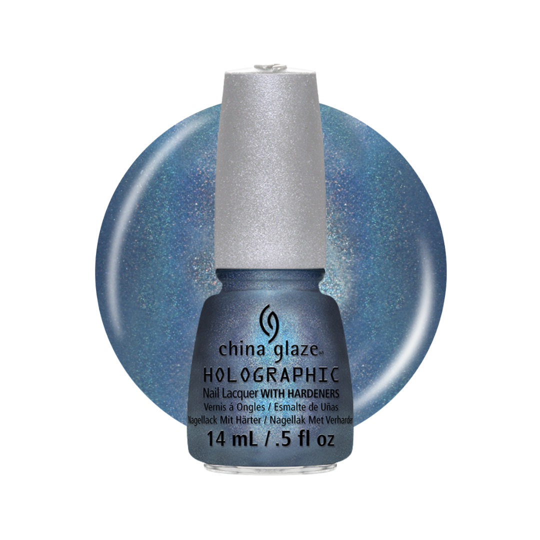 A bottle of China Glaze Holographic nail lacquer in a shimmering blue shade, shown in front of a matching circular color swatch on a white background.
