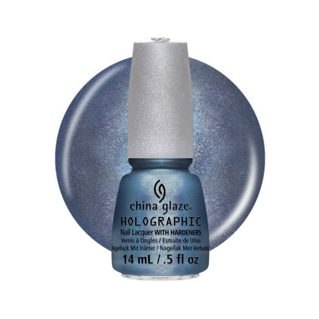 A bottle of China Glaze Holographic nail polish with hardeners in a shimmering blue shade, shown in front of a matching circular color swatch on a white background.