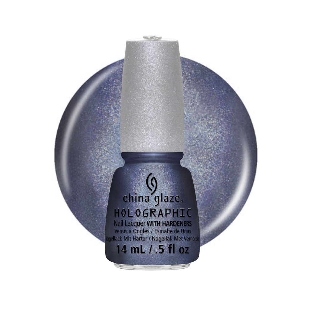 A bottle of China Glaze Holographic nail polish in a shimmering periwinkle blue-purple color, shown in front of a matching circular color swatch on a white background.