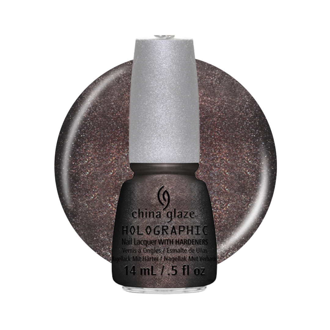 A bottle of China Glaze Holographic nail lacquer with a silver cap and a dark glittery swatch behind it, on a white background.