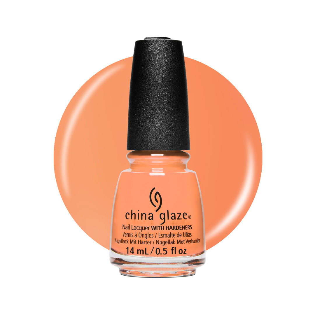 A bottle of China Glaze nail polish in a warm peach-orange shade, shown against a white background with a matching peach-orange color circle behind it.