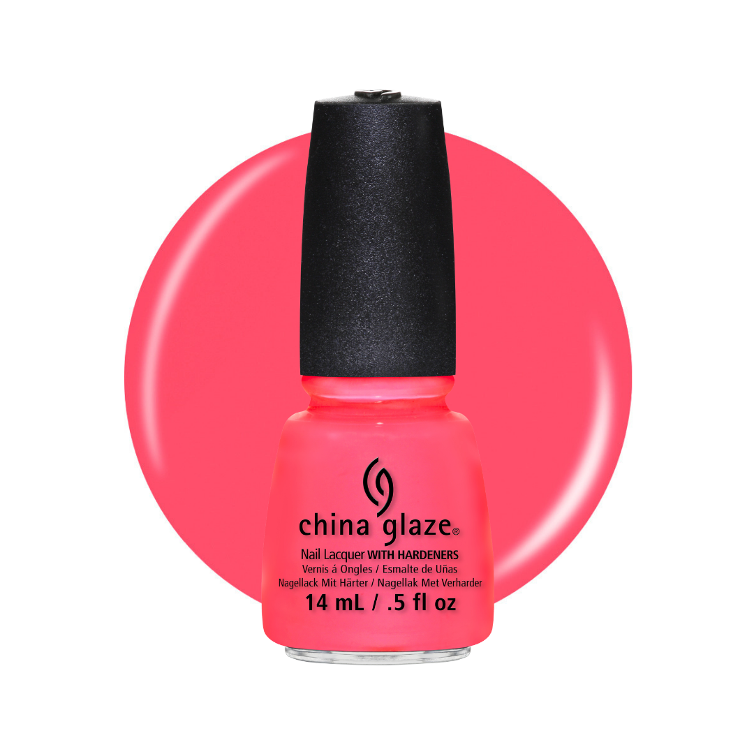 A bottle of China Glaze nail polish with hardeners in a bright coral pink shade, shown against a white background with a matching circular color swatch behind it.