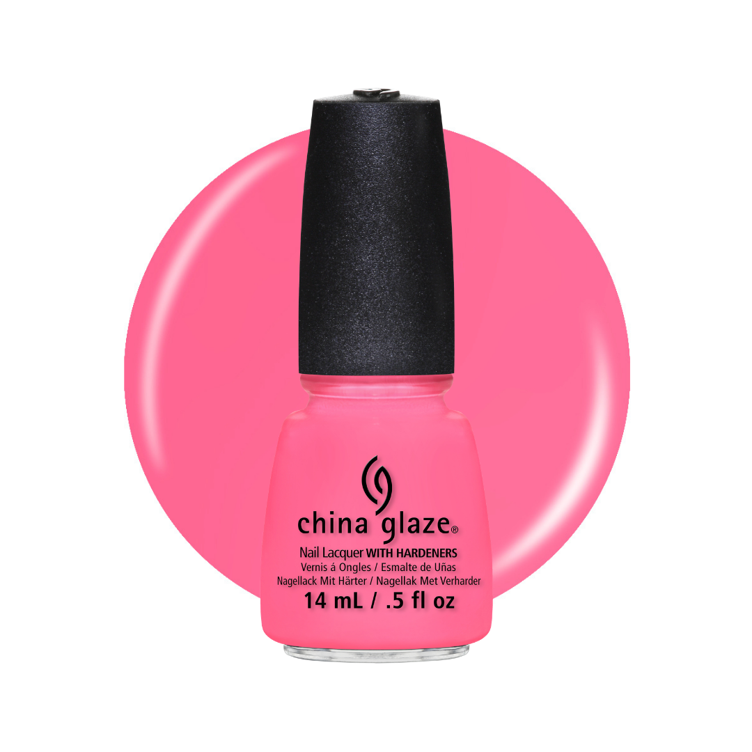 A bottle of China Glaze nail polish in a bright hot pink shade, shown against a white background with a large matching pink circular color swatch behind it.