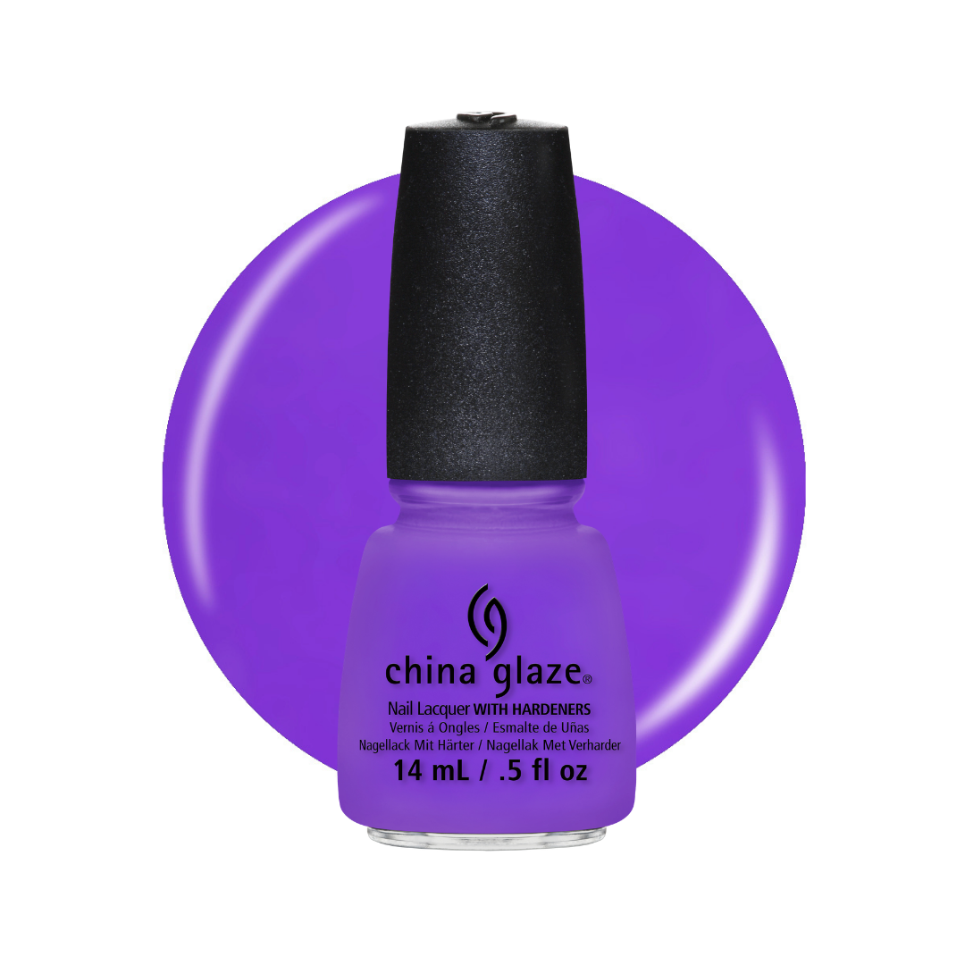 A bottle of China Glaze nail lacquer with a vibrant purple color with a black cap, set against a matching purple circular swatch on a white background.