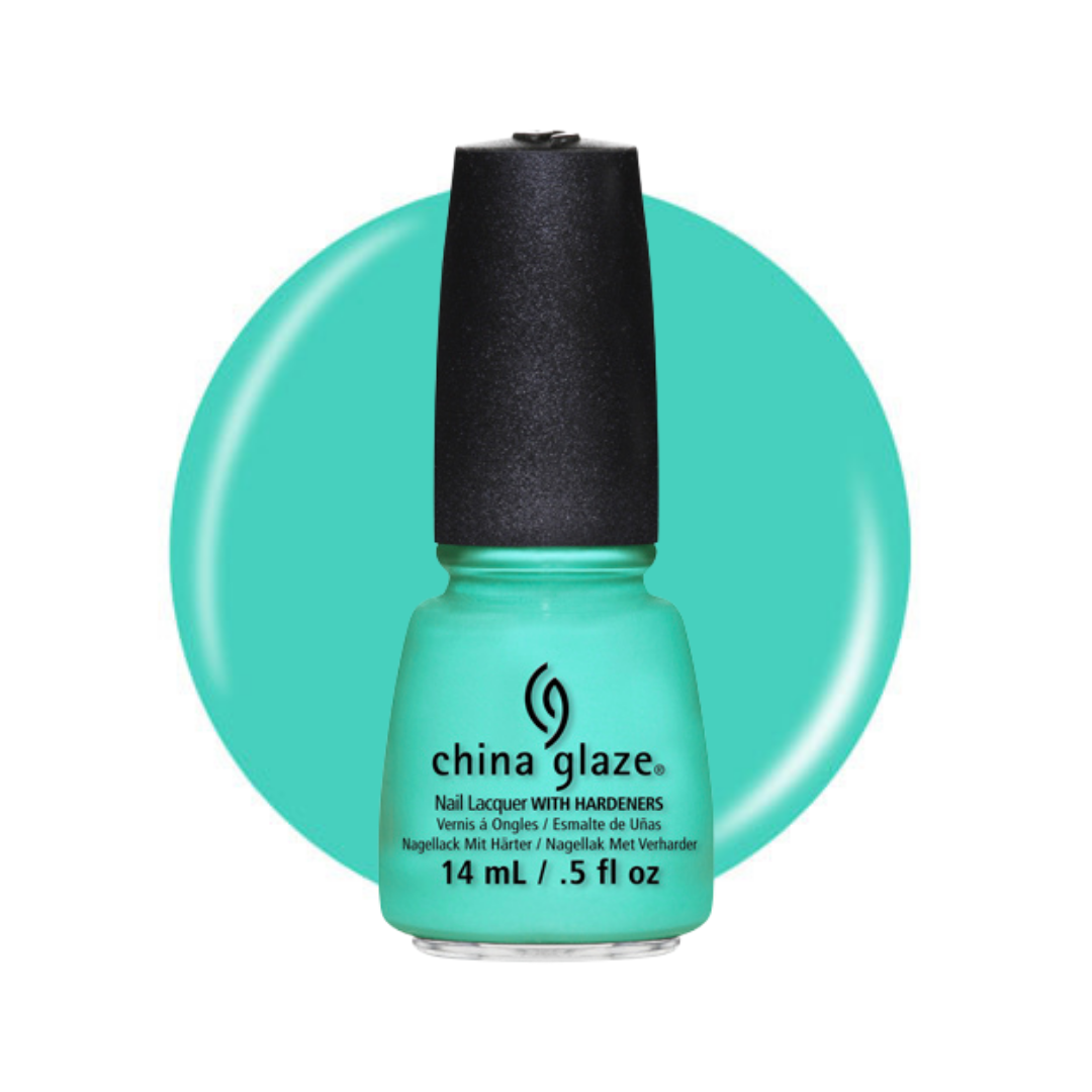 A bottle of China Glaze nail polish in a bright turquoise shade, shown against a matching turquoise circular background on a white studio background.