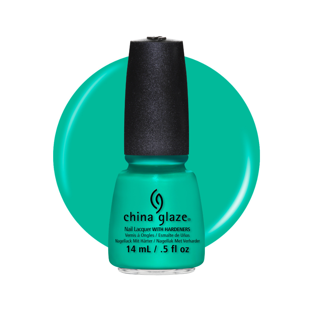 A bottle of China Glaze nail polish in a vibrant turquoise green color, set against a matching circular swatch on a white background.
