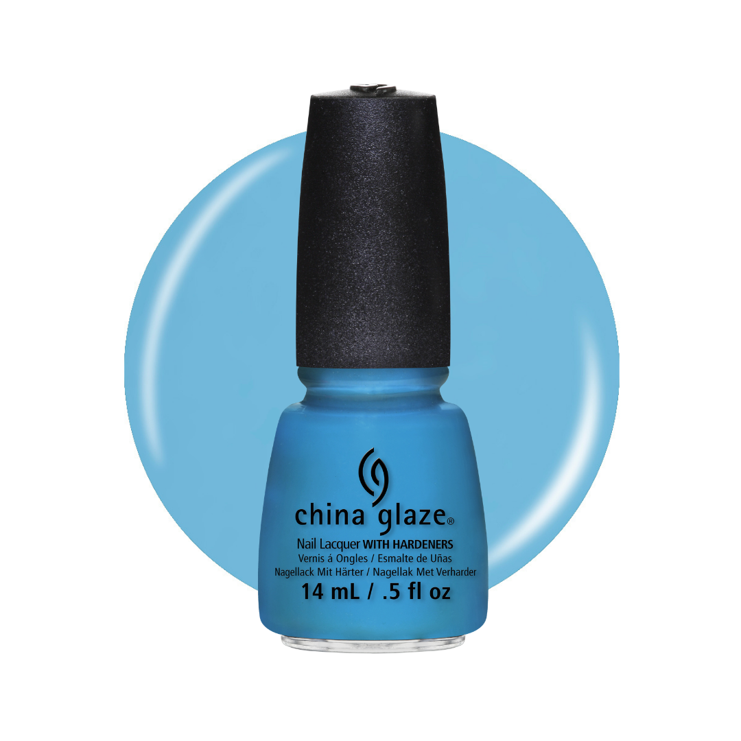 A bottle of China Glaze nail polish with hardeners in a light blue shade, shown against a white background with a matching light blue circular color swatch behind it.