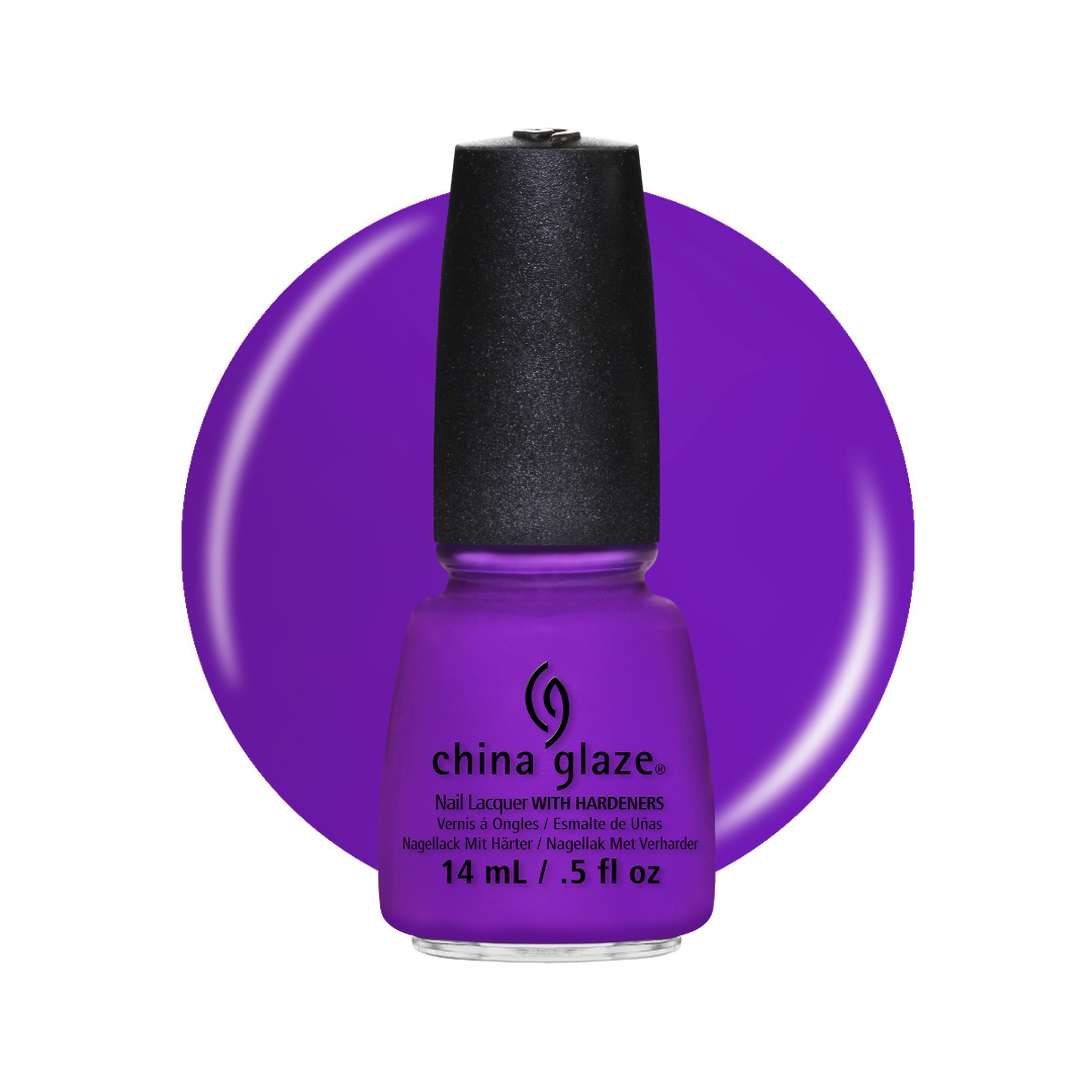 A bottle of China Glaze nail polish in a vibrant purple shade, shown against a matching purple circular background on a white studio backdrop.