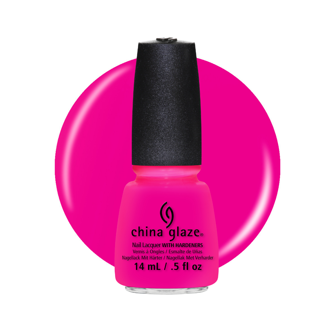 A bottle of China Glaze nail polish in a bright hot pink shade, shown against a white background with a matching hot pink color circle behind it.