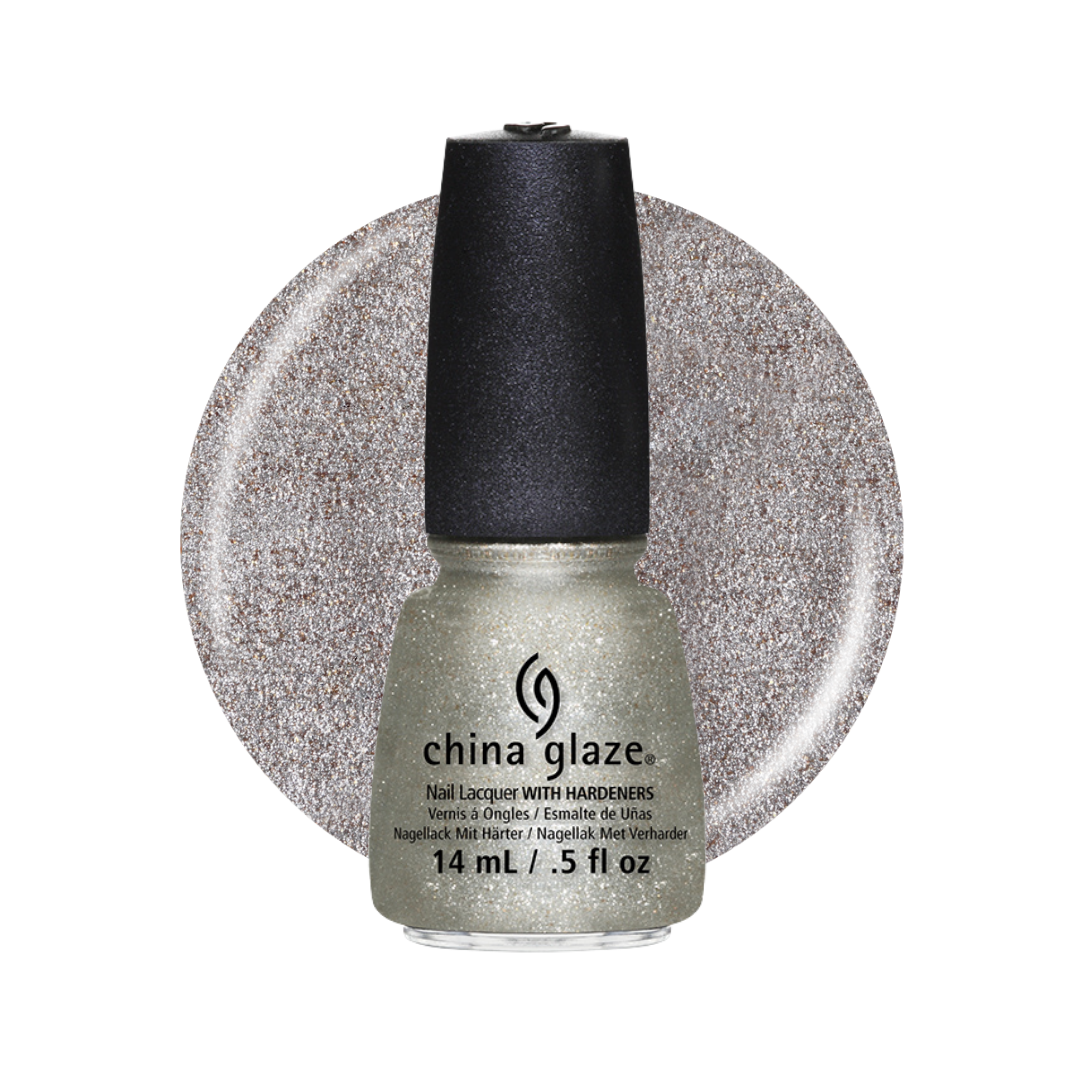 A bottle of China Glaze nail lacquer with metallic rose gold glitter polish, shown in front of a circular swatch of the same glitter polish on a white background.