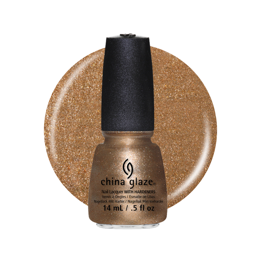 A bottle of China Glaze nail polish with a black cap, shown in front of a large circular glitter swatch of the same warm metallic gold shade on a white background.