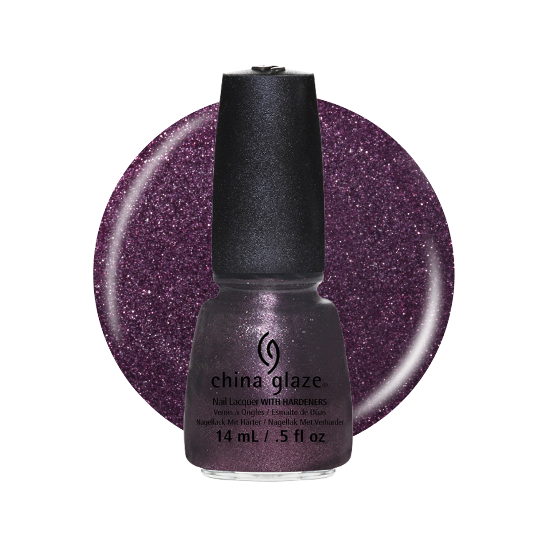 A bottle of China Glaze nail lacquer with hardeners in a sparkling deep purple shade, shown in front of a matching circular glitter swatch on a white background.