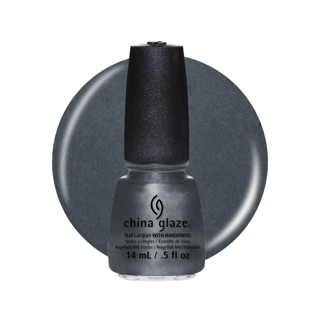 A bottle of China Glaze nail polish with a black cap and a dark gray glitter polish, set against a matching circular gray swatch on a white background.