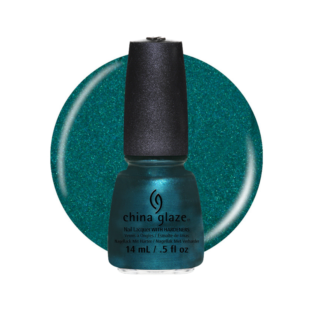 A bottle of China Glaze nail polish with a black cap, shown in front of a circular teal glitter swatch on a white background.
