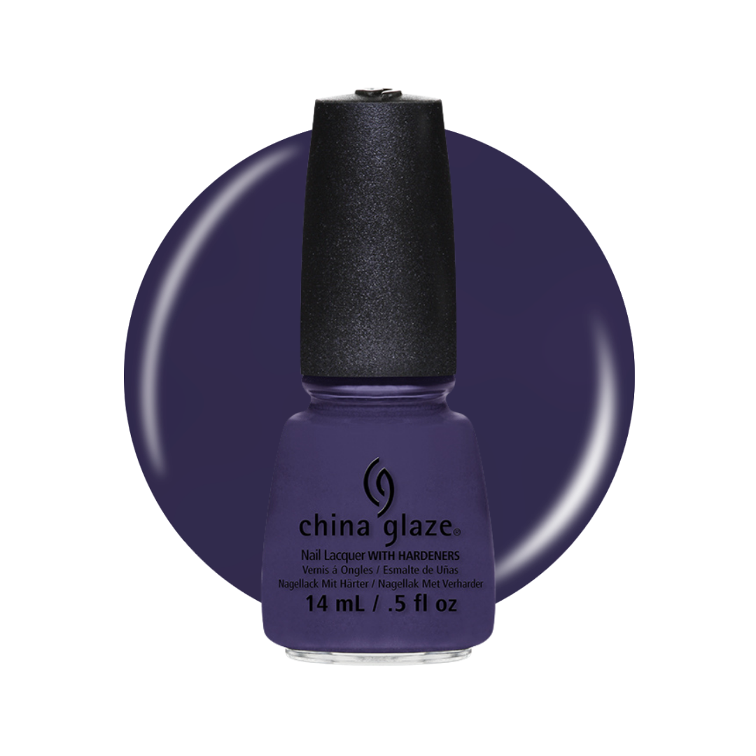 A bottle of China Glaze nail polish in a deep purple shade, shown in front of a matching circular color swatch on a white background.