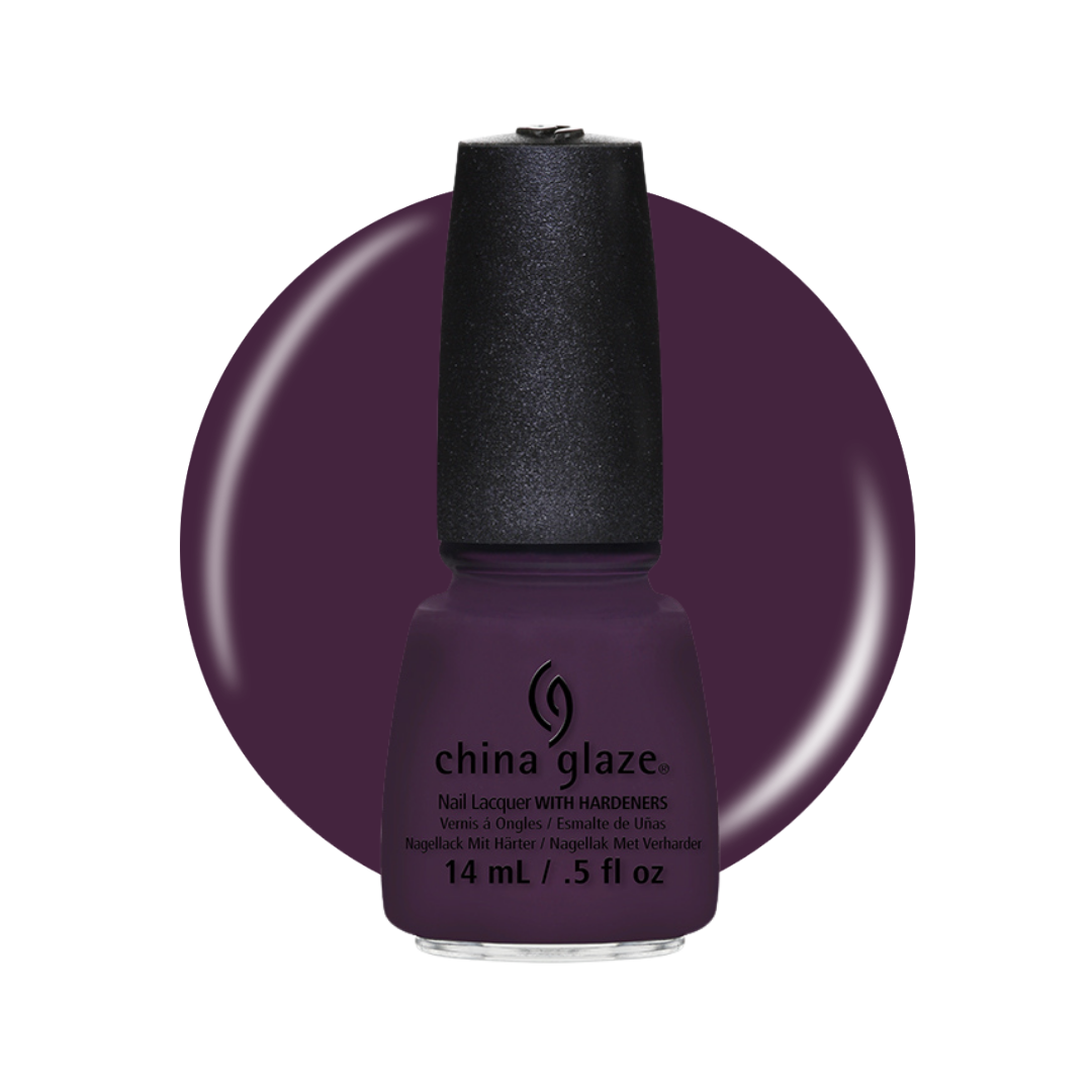 A bottle of China Glaze nail polish in a deep plum purple shade, shown against a matching circular color swatch on a white background.