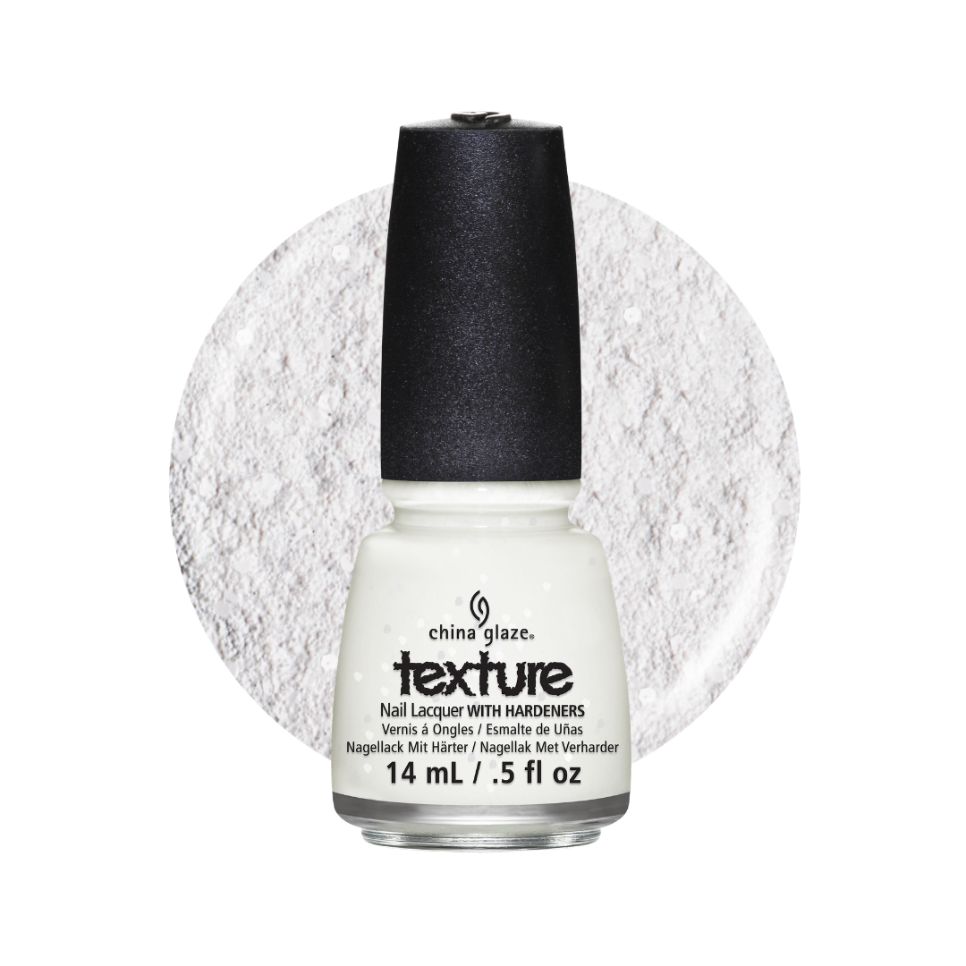 A bottle of China Glaze Texture nail polish with hardeners in a white shade, featuring a black cap and a circular white powder swatch behind it on a white background.