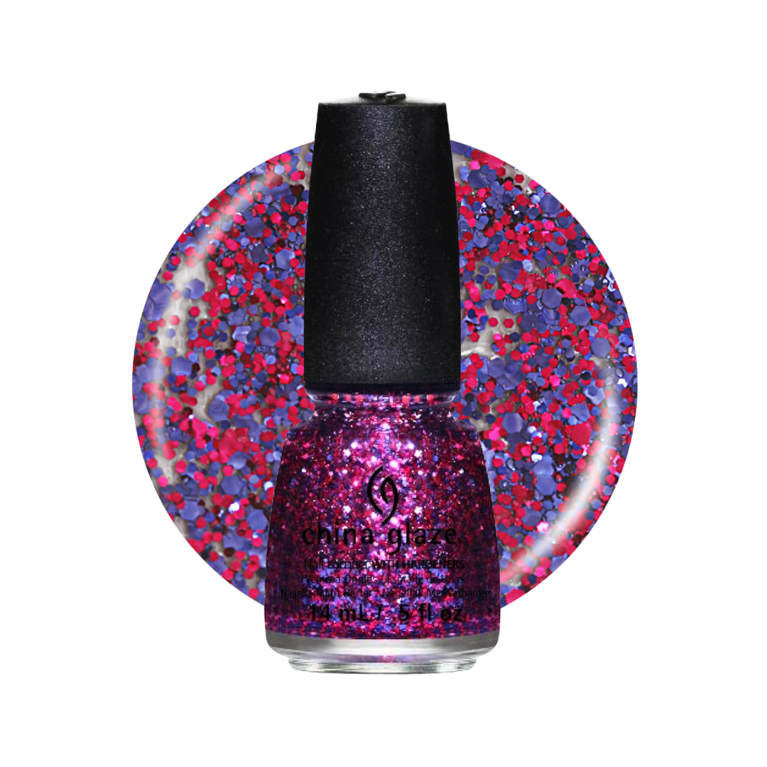 A bottle of China Glaze blue and red glitter nail polish with a black cap, shown in front of a circular swatch of multicolor glitter on a white background.