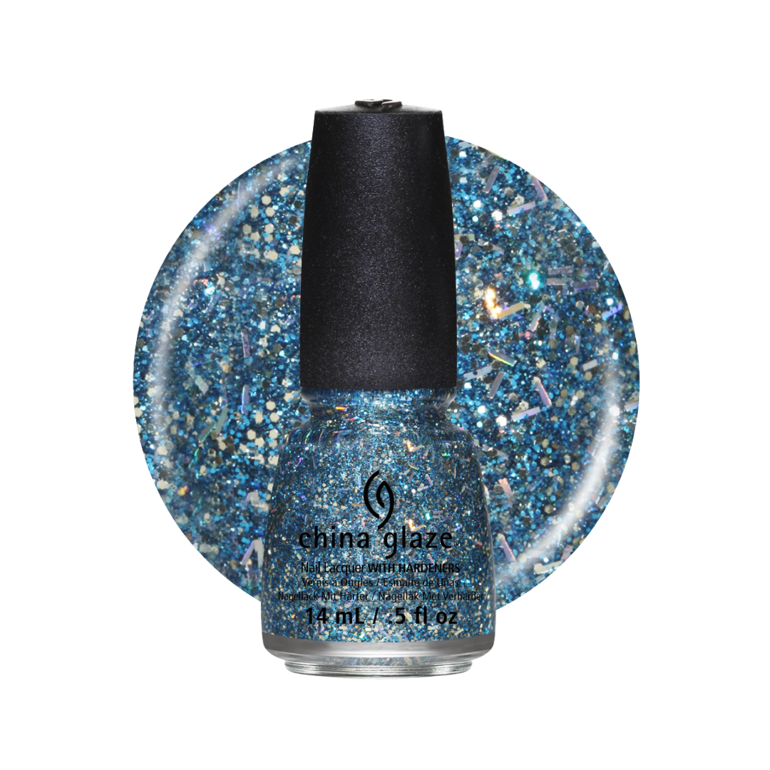 China Glaze glitter nail polish in a clear bottle with a black cap, shown in front of a circular blue glitter swatch on a white background.