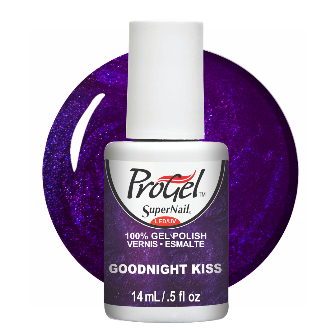 A bottle of Progel SuperNail LED UV gel polish in the shade 'Goodnight Kiss', featuring a white cap and a purple glitter swatch background.