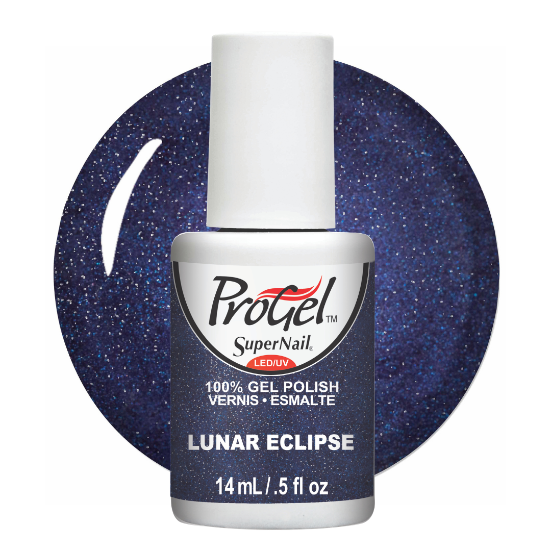 A bottle of Progel SuperNail LED gel polish in the shade Lunar Eclipse, featuring a dark blue glitter polish with a white cap, set against a matching glittery circular background swatch.