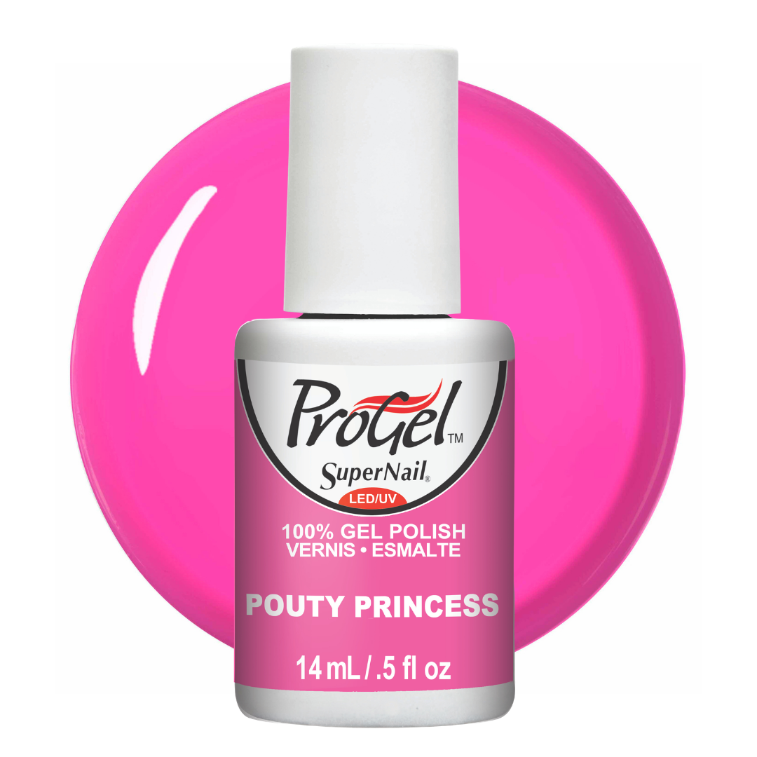 A bottle of ProGel SuperNail LED UV gel polish in the shade Pouty Princess, featuring a white cap and a pink label, set against a vibrant pink circular background on a white studio backdrop.