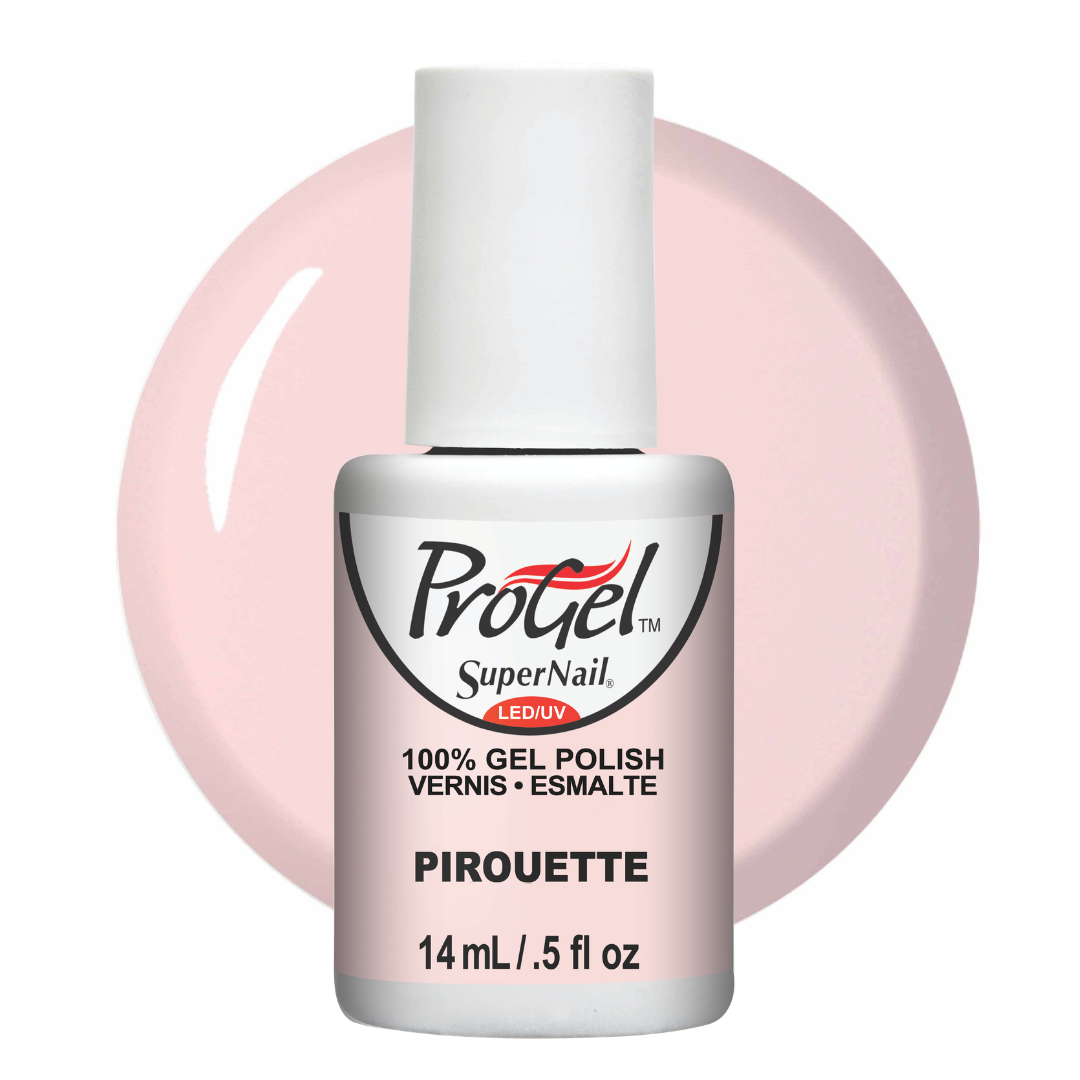 A bottle of ProGel SuperNail LED UV gel polish in the shade 'Pirouette', featuring a white cap and a silver bottle with a light pink label, set against a matching light pink circular background.