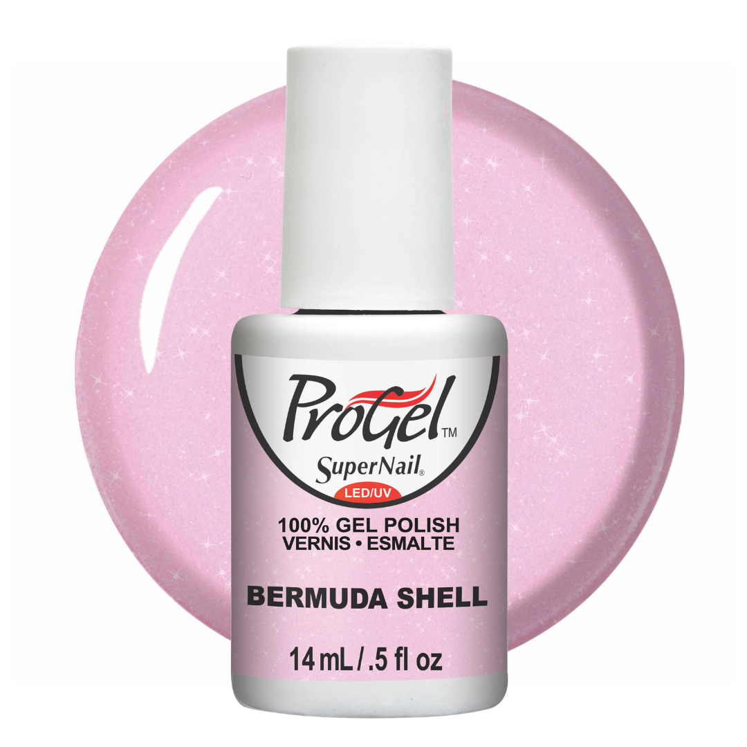 A bottle of Progel SuperNail LED UV gel polish in the shade Bermuda Shell, featuring a white cap and silver bottle with a pink glitter swatch behind it on a white background.